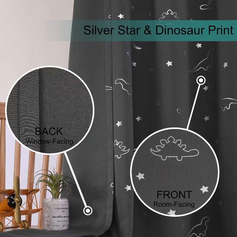 LORDTEX Dinosaur and Star Foil Print Blackout Curtains for Kids Room - Thermal Insulated Curtains Noise Reducing Window Drapes for Boys and Girls Bedroom, 52 x 84 Inch, Grey, Set of 2 Panels - Image 4